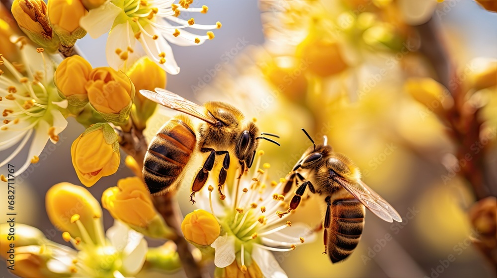 Honey bees Apis mellifera pollinate the yellow flowers - obrazy, fototapety, plakaty 