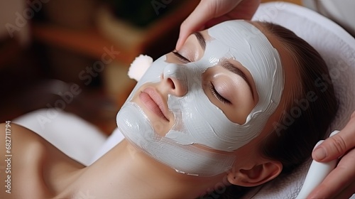 In a beauty salon a beautician puts a white clay mask