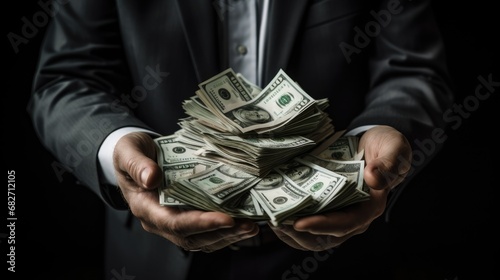 man holding wad of money and showing photo