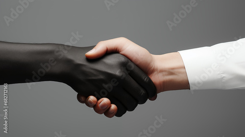 Close up of a handshake in front of a neutral background. A white person in a shirt shakes hands with a black person in a friendly manner