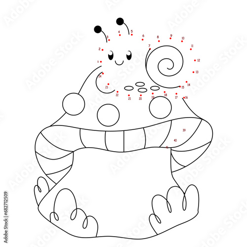 children's educational game. logic game. connect the dots by numbers. handwriting training. coloring book. mushroom and snail