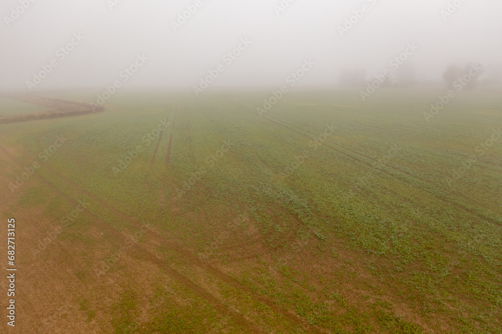Drone photography of meadow and farmland in autumn morning fog Drone photography of meadow and farmland in autumn morning fog