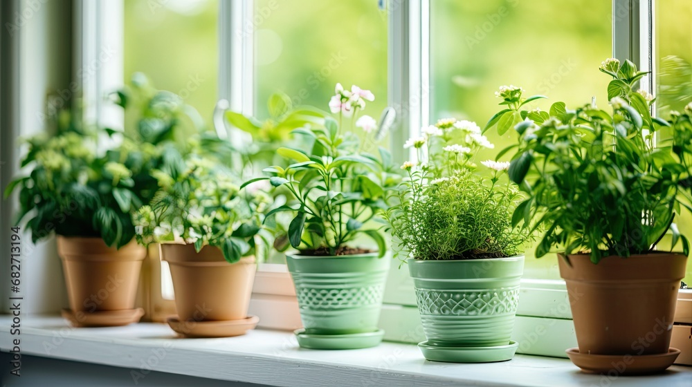 plants and flowers in green pots on the windowsill home