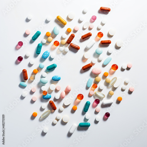Various types of colorful pills on a white background. Top view. - Generative AI