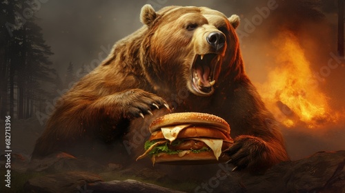 Poster of a bear eating a hamburger