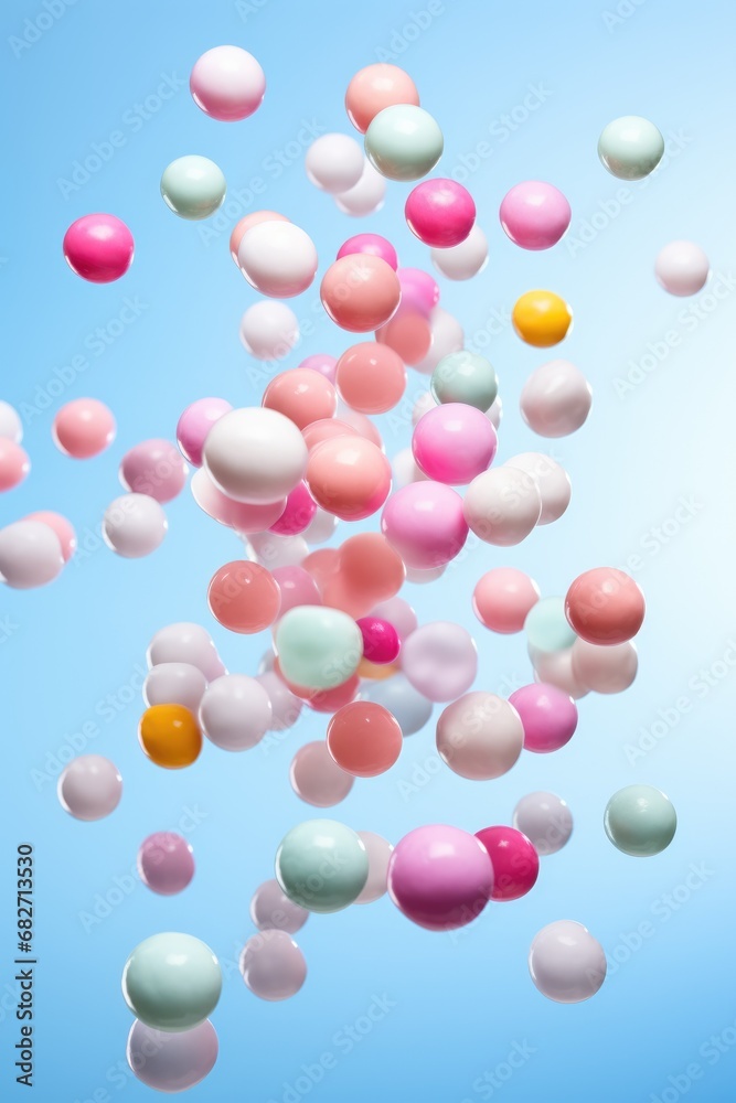 Sweety colors candies fly in the air on pastel background.