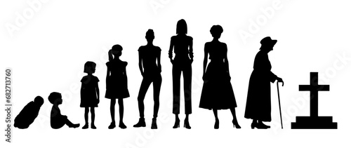 Vector illustration. Silhouette of growing up man from baby to old age. Many people of different ages in a row.