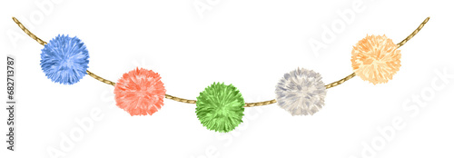 Cute, colorful garland with decorative holiday pom poms.  Blue, red, green, grey-beige and yellow hairy balls pompons. Hand drawn watercolor illustration isolated on transparent.