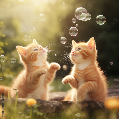 Cute orange tabby kittens playing with soap bubbles in a bright grass field