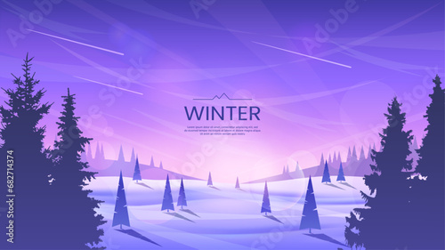 Vector background. Spruce trees in snowdrifts against the background of a bright sky. Nocturne. Winter landscape. Fir trees in the foreground. Design of banner, postcard, greeting card, flyer, cover.
