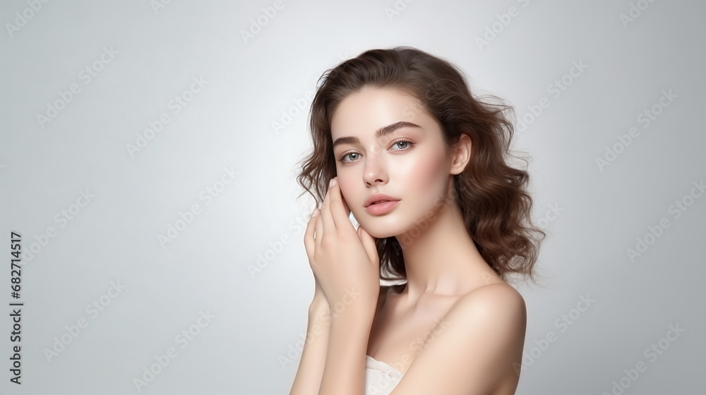 Medium shot of Beautiful European model with clean fresh skin hand touch her face, isolate on white background, Face care, Facial treatment, Cosmetology - Generative AI Medium shot of Beautiful European model with clean fresh skin hand touch her face, isolate on white background, Face care, Facial treatment, Cosmetology - Generative AI