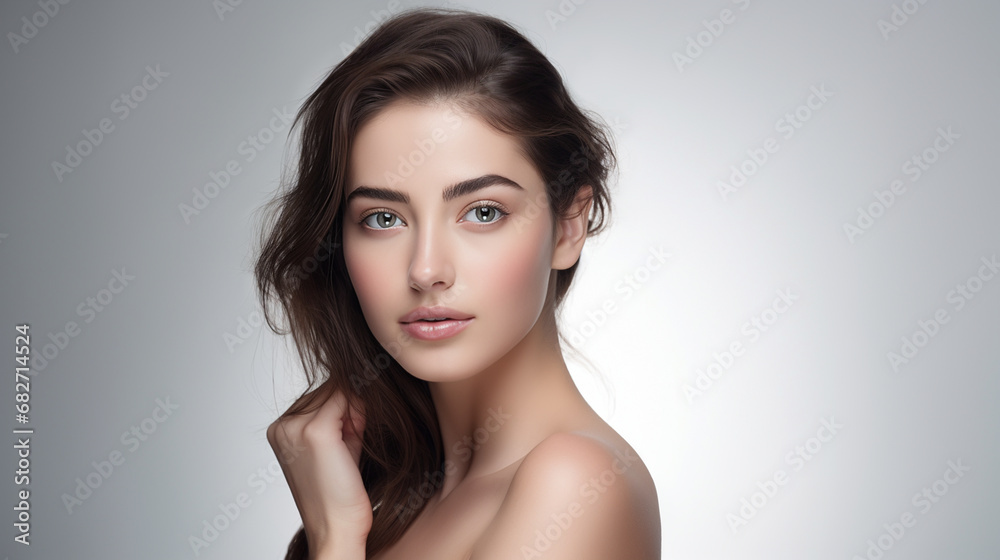 Medium shot of Beautiful European model with clean fresh skin hand touch her face, isolate on white background, Face care, Facial treatment, Cosmetology - Generative AI Medium shot of Beautiful European model with clean fresh skin hand touch her face, isolate on white background, Face care, Facial treatment, Cosmetology - Generative AI