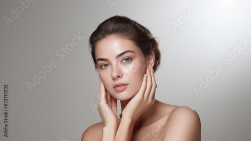 Medium shot of Beautiful British model with clean fresh skin hand touch her face, isolate on white background, Face care, Facial treatment, Cosmetology - Generative AI