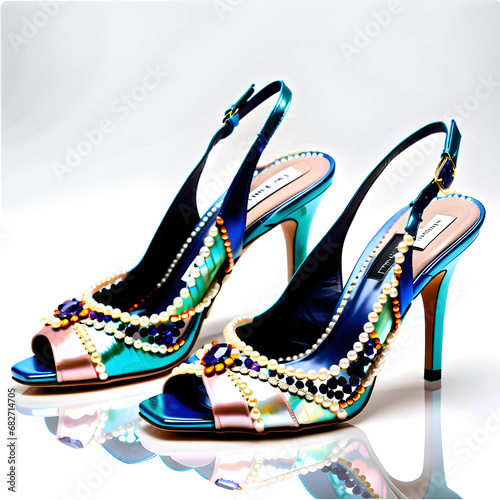 Exquisite Women's Slingback Shoes: Mother-of-Pearl, Pearls, and Precious Stones in a Palette of Beautiful Colors and Artistic Patterns.(Generative AI)