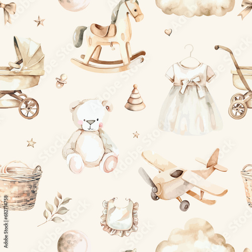 Newborn Baby Girl clipart set. Watercolor seamless pattern.