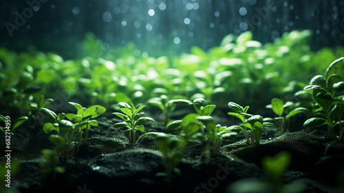 Close-up of indoor growing seedlings. Light in the darkness. Water vapor. - Generative AI