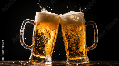 A scene of two glasses of frothy draft beer clinking together. Cheers. Black background. - Generative AI