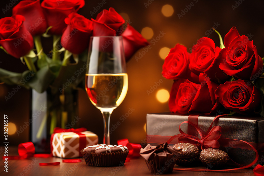 Glasses of wine, candles and roses on table against blurred lights. Romantic dinner for Valentine's day Glasses of wine, candles and roses on table against blurred lights. Romantic dinner for Valentine's day