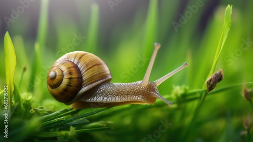 Small snail crewling on green fresh grass. Macro photo