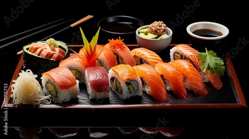 an image of a sushi platter with soy sauce, wasabi, and pickled ginger