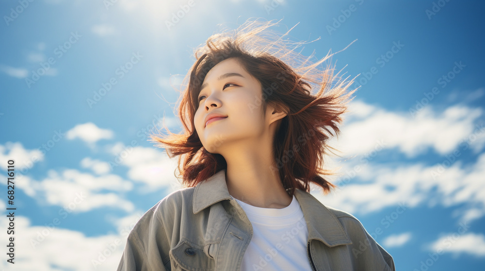 Portrait of positive young Asian woman with eye closed, enjoying sunlight under blue sky and clouds. - Generative AI Portrait of positive young Asian woman with eye closed, enjoying sunlight under blue sky and clouds. - Generative AI
