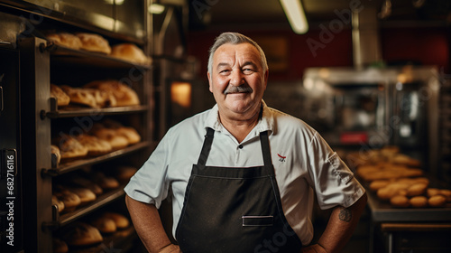 Portrait of senior baker standing by oven at bakery - Generative AI
