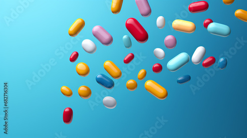  Various types of colorful pills on a blue background. Top view. - Generative AI