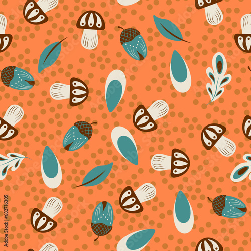 Vector seamless pattern with acorn, mushroom, leaves. Fall botanical print is perfect for seasonal decor, wrapping paper or textile