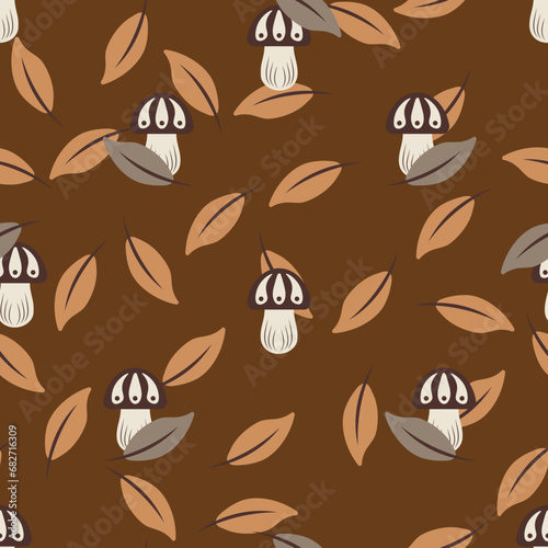 Vector seamless pattern with mushrooms amd leaves. Autumn botanical print is perfect for seasonal decor, wrapping paper or textile