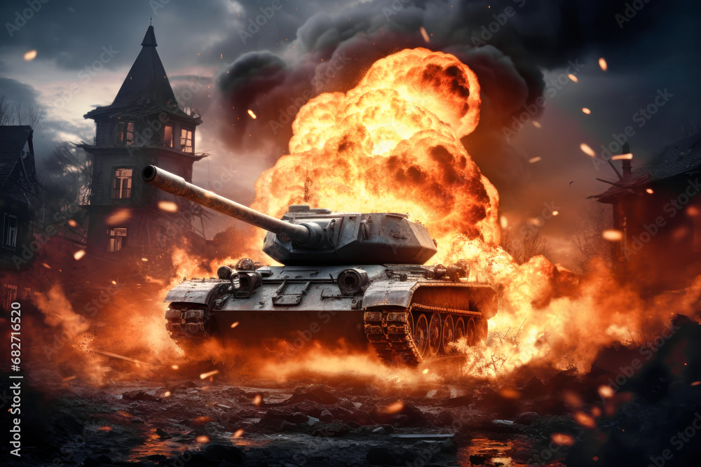 War Concept. Tank in a destroyed city or village. Military action battle scene against the backdrop of fire, smoke and explosions. Battle in ruined city. Selective focus. War Concept. Tank in a destroyed city or village. Military action battle scene against the backdrop of fire, smoke and explosions. Battle in ruined city. Selective focus.