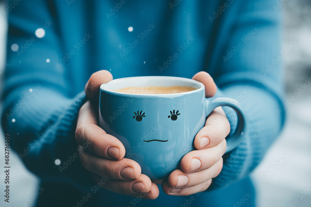 Hands holding a blue coffee cup with unhappy face for Blue Monday concept image Hands holding a blue coffee cup with unhappy face for Blue Monday concept image