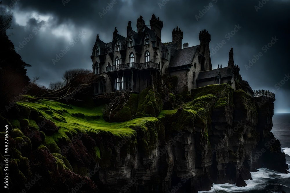 A gothic style haunted house with moss-covered walls and a sense of tragic beauty