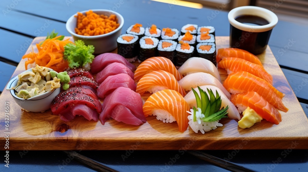 an image of a sushi platter with soy sauce, wasabi, and pickled ginger