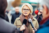 Caucasian politician woman respond to an interview live with microphones on a press conference outside on the city street