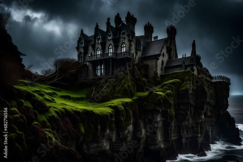 A gothic style haunted house with moss-covered walls and a sense of tragic beauty