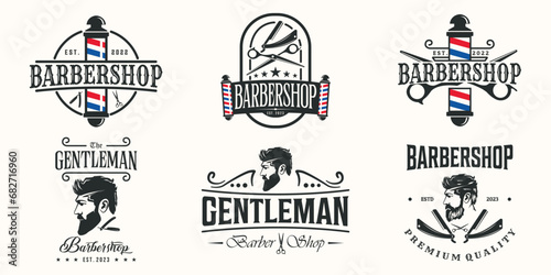 set of barbershop logo line art vector illustration concept template icon design, collection of barber haircut style with badge and symbol concept vector illustration logo design photo