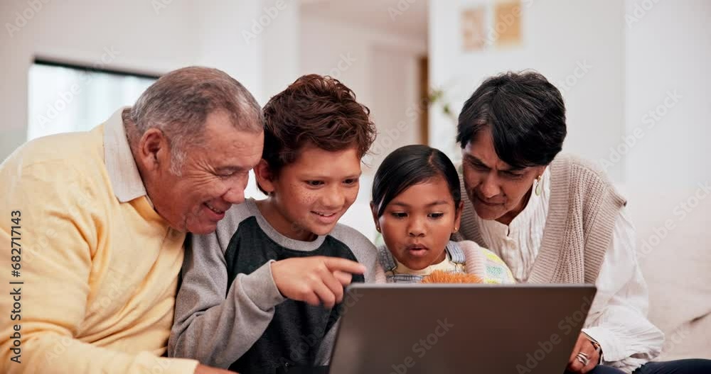 Family, grandparents and children on laptop or happy together on the sofa in a living room of their home for visit. Portrait of a senior man and women with kids and internet for elearning or games Family, grandparents and children on laptop or happy together on the sofa in a living room of their home for visit. Portrait of a senior man and women with kids and internet for elearning or games