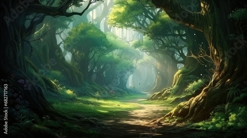 An enchanting elven forest shrouded in mystic fog photo