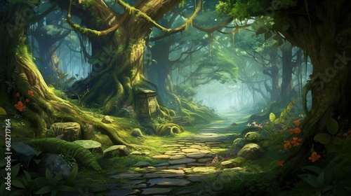 An enchanting elven forest shrouded in mystic fog