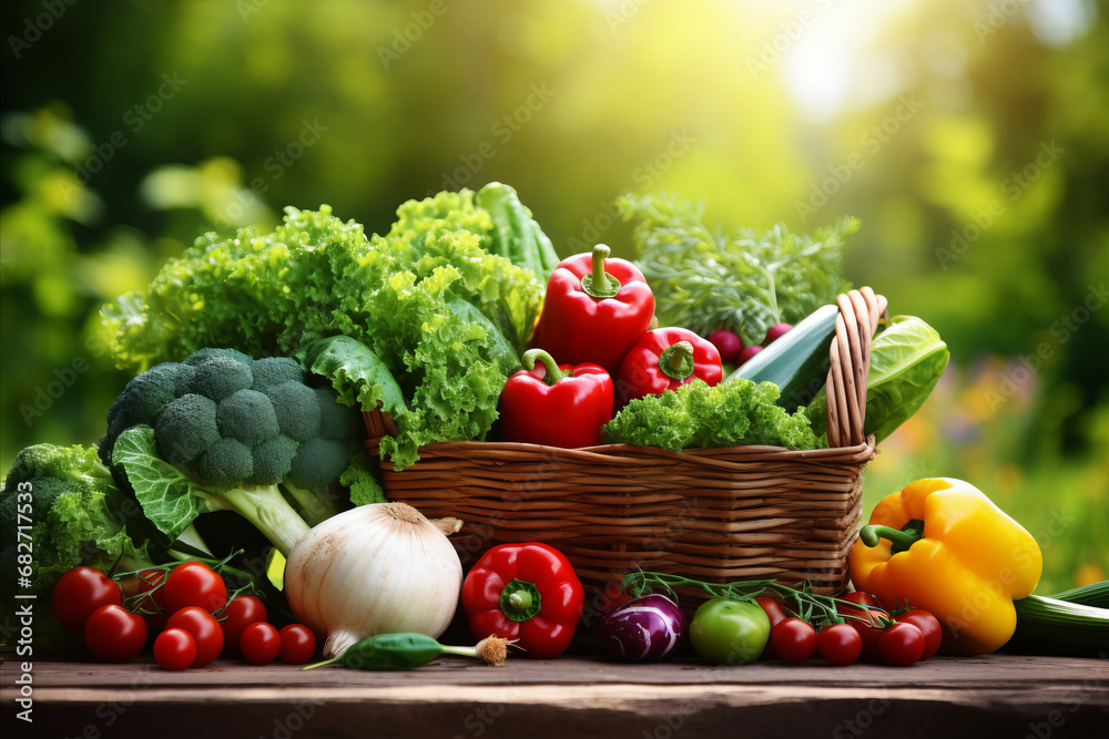 Fototapeta premium assortment of various freshly picked vegetables in a wicker basket on a sunny day close up
