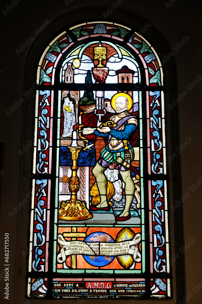 Saint Honore d'Eylau church, Paris, France. Stained glass. St Ignatius of Loyola.