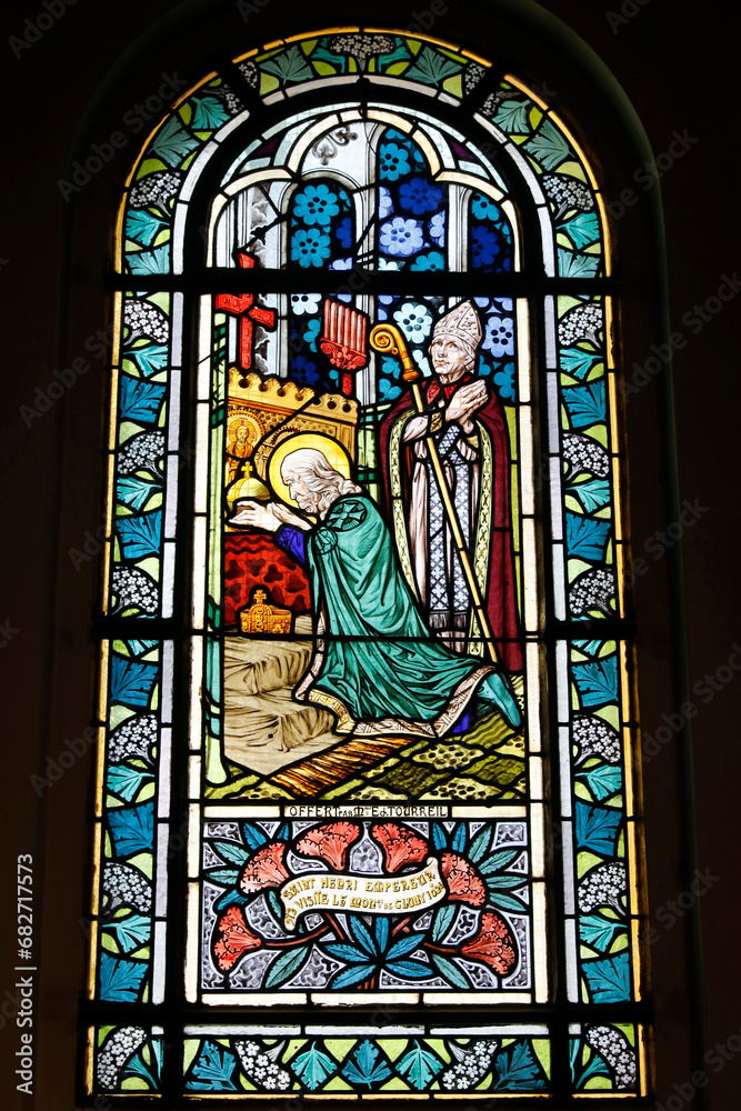 Saint Honore d'Eylau church, Paris, France. Stained glass. St Henry emperor visiting Cluny monastery.