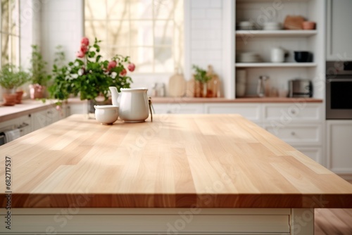 wooden table in the rays of the sun in a bright kitchen.