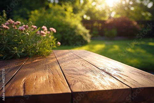 Empty wooden table with a blurred garden background in the warm light of sunset.