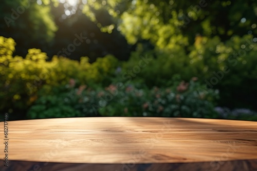 Wooden table top with a blurred garden background, ideal for product display.