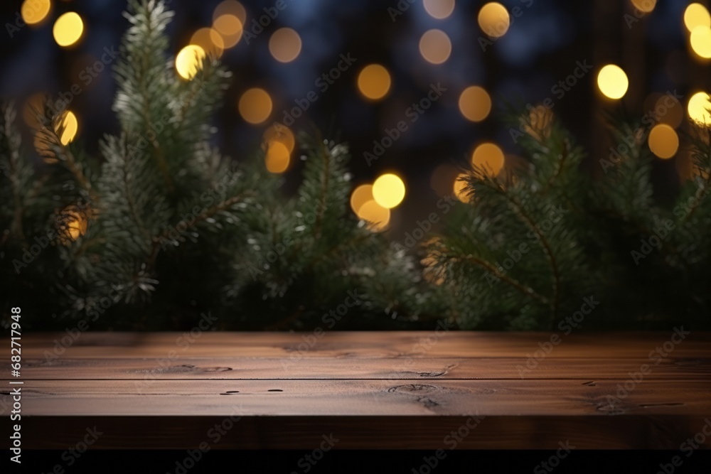 Wooden table with blurred lights and greenery in the background, ideal for product display. Wooden table with blurred lights and greenery in the background, ideal for product display.