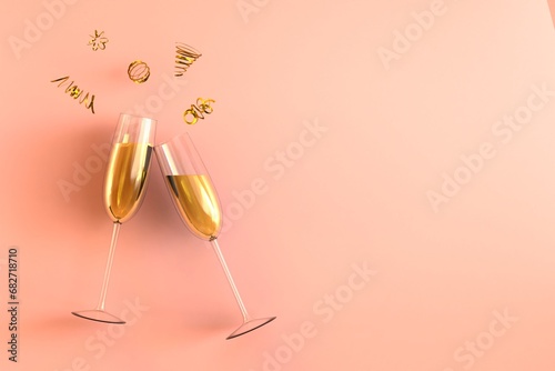 Cheers! Two champagne glasses with ribbons and confetti, Merry Christmas and Happy New Year concept. 3d rendering Illustration.

