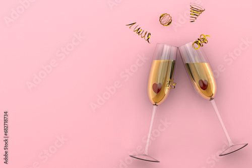 Cheers! Two champagne glasses with ribbons and confetti, Merry Christmas and Happy New Year concept. 3d rendering Illustration. 