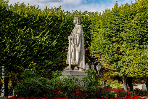 Statue of Saint Louis outside Notre Dame collegiate church, Poissy, France