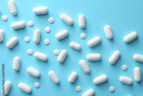 An arrangement of white pills on a blue background. Top view. - Generative AI